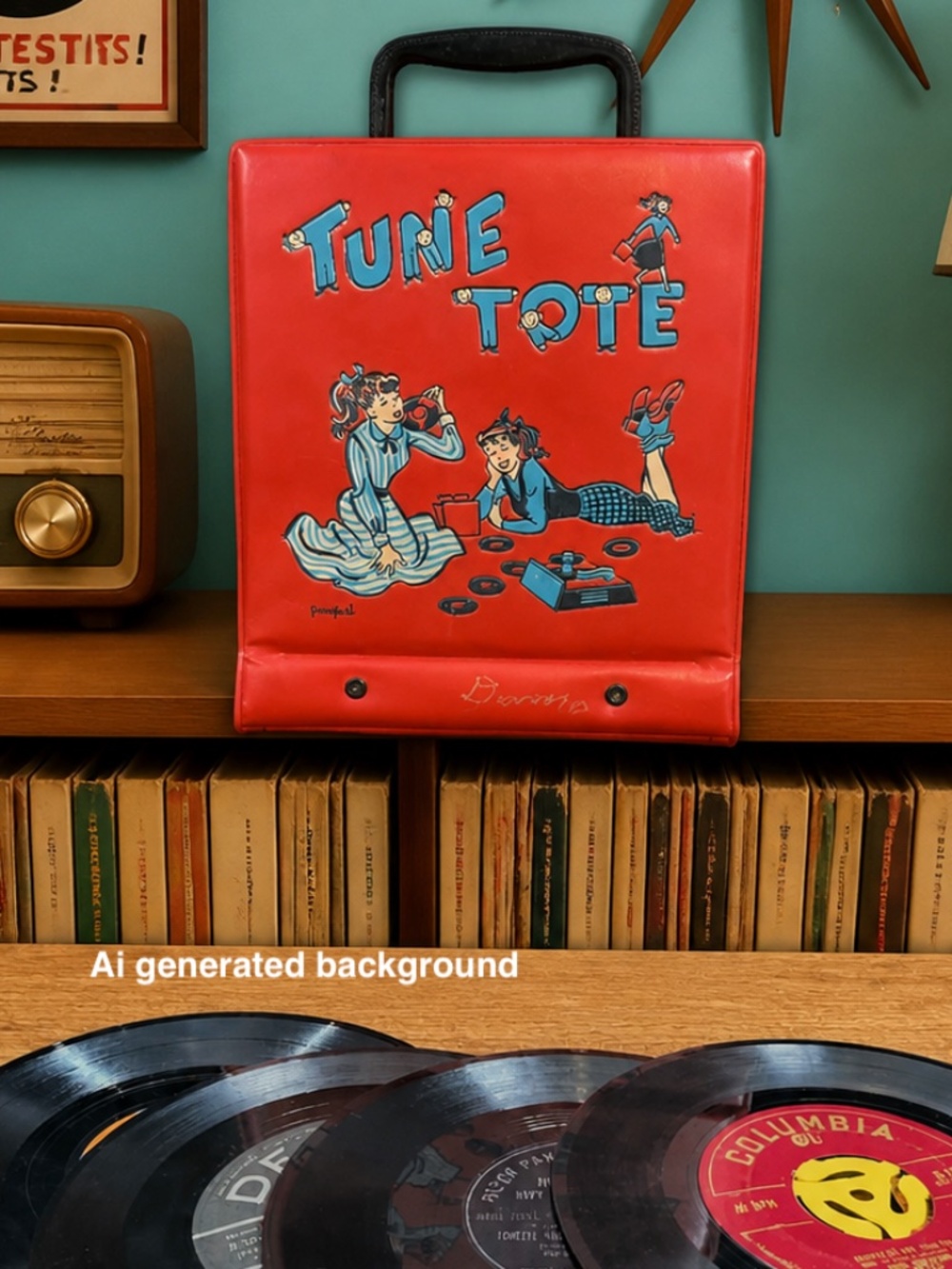 1950s PONYTAIL Tune Tote 45RPM Record Case Filled with Records